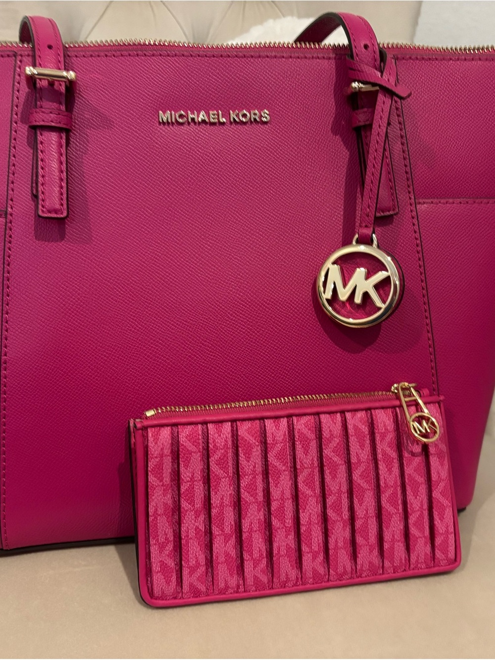 Michael Kors Fuchsia Saffiano Tote with Matching Zip Pouch